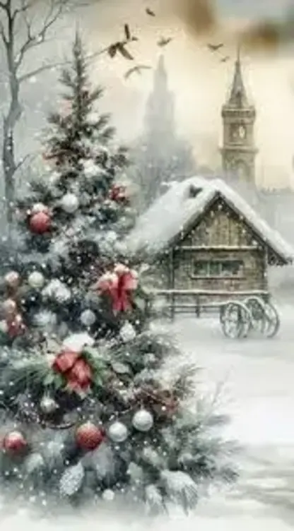 Outdoor winter scene with a Christmas tree and snow