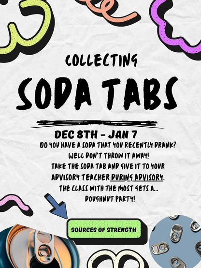 Poster promoting a soda tab collection drive with colorful graphics and text.
