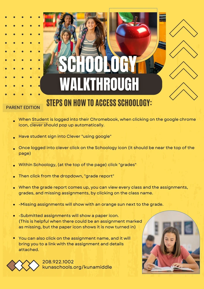 A parent edition guide titled 'Schoology Walkthrough' with steps on how to access Schoology.